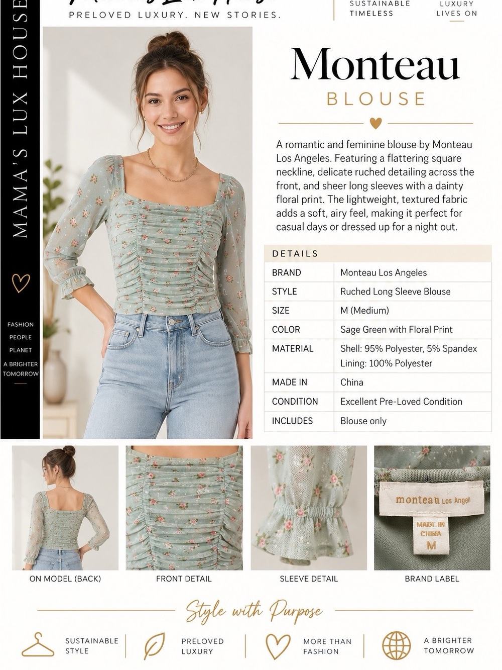 Monteau Sage Green Floral Ruched Square Neck Blouse